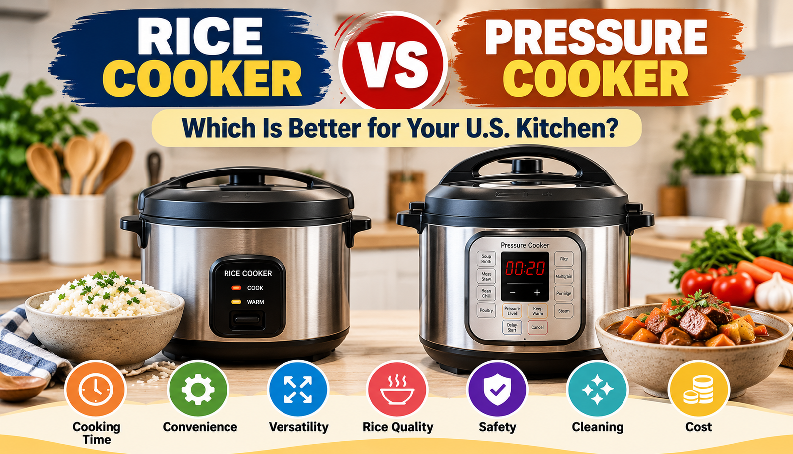 Rice cooker vs pressure cooker comparison showing cooking time, convenience, versatility, rice quality, safety, cleaning, and cost